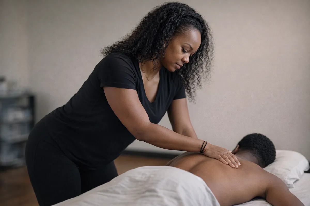 Jemeka Pitts applying a myofascial release technique with her forearm