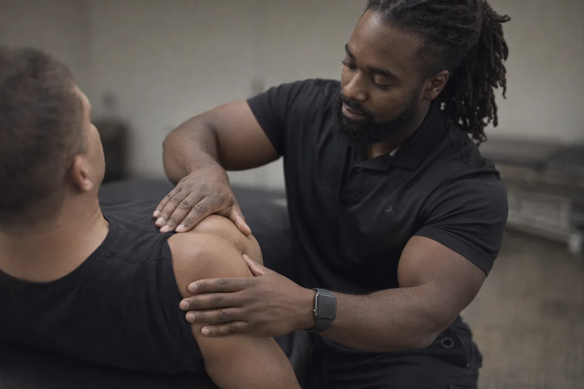 Jordan Pitts performing muscle activation technique on a client's shoulder
