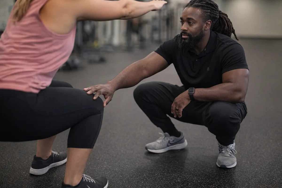 Jordan Pitts analyzing a client's squat mechanics