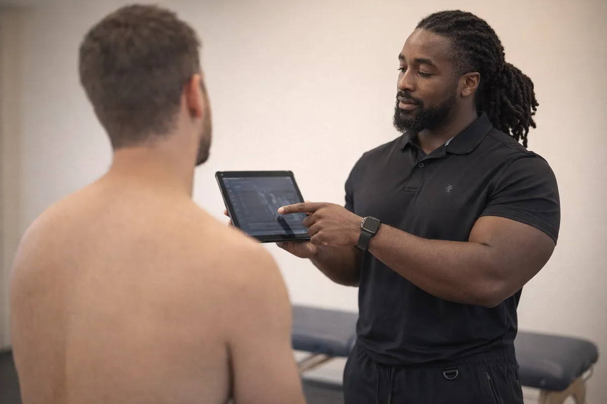 Jordan Pitts reviewing movement analysis findings with a client